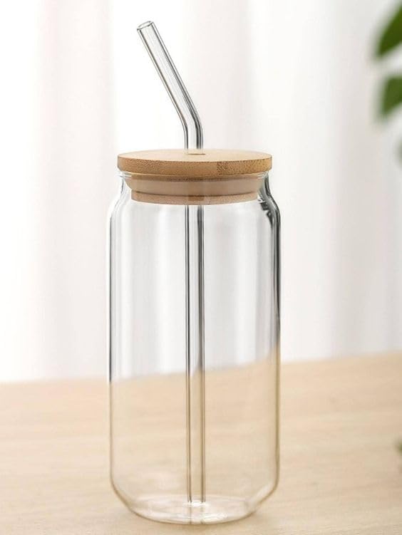 Ice Juice Drinks Glass Can Mug with Straw for Milk/Coffee/Green Tea Cup Set of 1-510ml Transparent Printed Can Shape Cup (Pack of 1) (Wooden LID CAN)