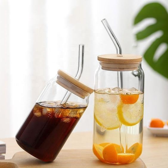 Ice Juice Drinks Glass Can Mug with Straw for Milk/Coffee/Green Tea Cup Set of 1-510ml Transparent Printed Can Shape Cup (Pack of 1) (Wooden LID CAN)