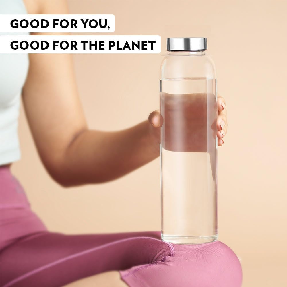 Glass Fridge Water Bottle with Steel Cap | Leak proof & detox water bottle glass | Wide mouth & Easy to Clean | Best Usage for Office/School/College | Set of 6, 800ml | Clear