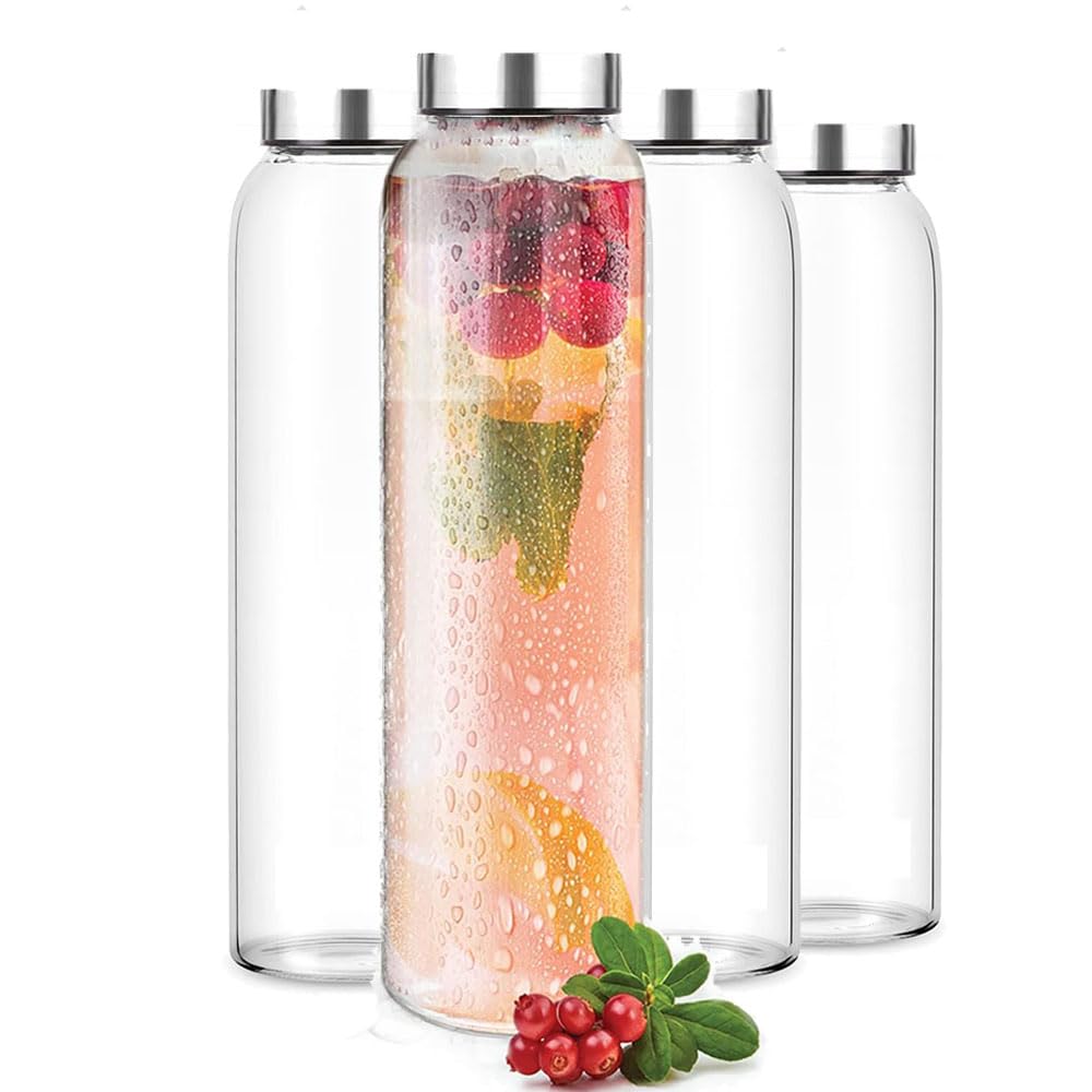 Glass Fridge Water Bottle with Steel Cap | Leak proof & detox water bottle glass | Wide mouth & Easy to Clean | Best Usage for Office/School/College | Set of 6, 800ml | Clear