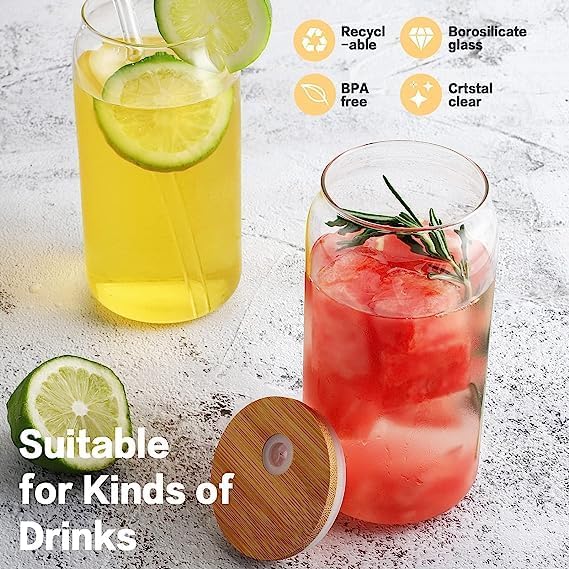 Ice Juice Drinks Glass Can Mug with Straw for Milk/Coffee/Green Tea Cup Set of 1-510ml Transparent Printed Can Shape Cup (Pack of 1) (Wooden LID CAN)
