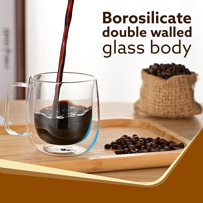 Double Wall Glass Cups, 260 Ml, Insulated Tea & Coffee Cups, Hot & Cold Drinks, Tea, Milk, Cappuccino, Juice, Microwave Safe, Stylish Espresso Chocolate Beverage, Pack of 1