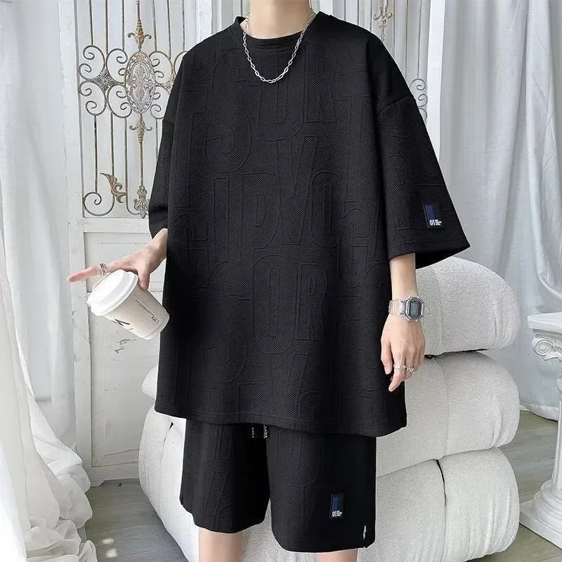 casual suit men’s summer thin loose large size letter jacquard short-sleeved T-shirt shorts