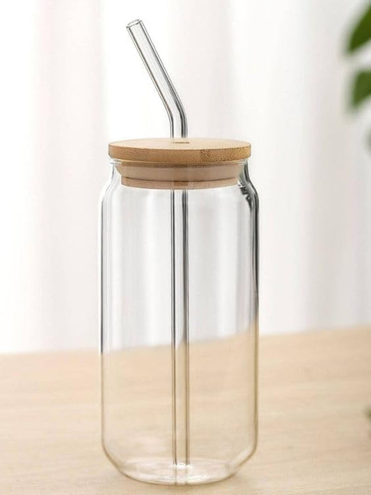 Ice Juice Drinks Glass Can Mug with Straw for Milk/Coffee/Green Tea Cup Set of 1-510ml Transparent Printed Can Shape Cup (Pack of 1) (Wooden LID CAN)