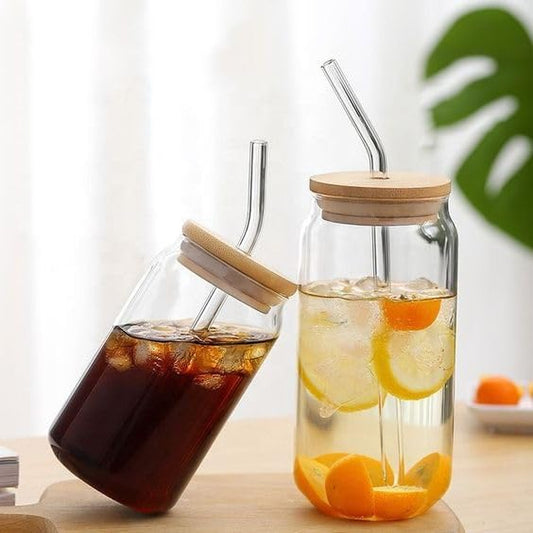 Ice Juice Drinks Glass Can Mug with Straw for Milk/Coffee/Green Tea Cup Set of 1-510ml Transparent Printed Can Shape Cup (Pack of 1) (Wooden LID CAN)