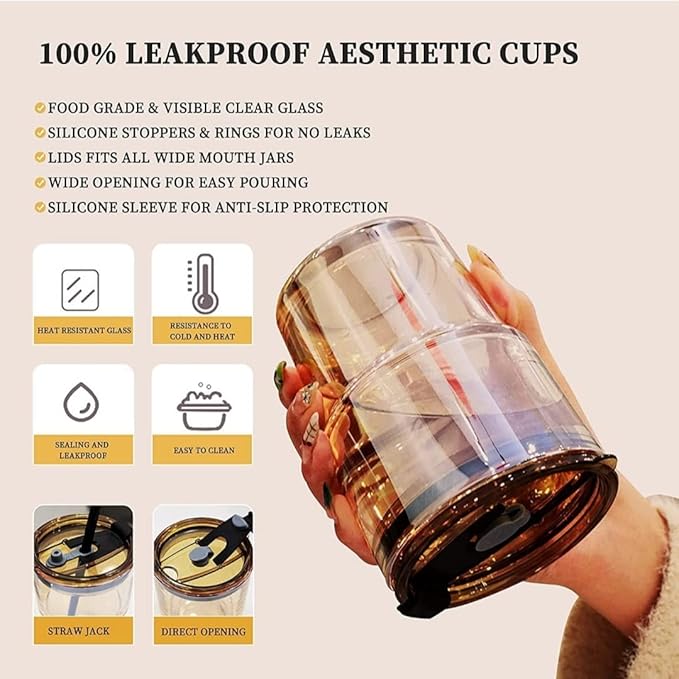 Ice Coffee Glass Tumbler, Thick Wall Water Glass Cup Mug Tea with Glass Straw and Lid 390ML Glass Sipper Ideal for Chocolate & Beverage, Mocha, Cappuccino, Shake, Juice