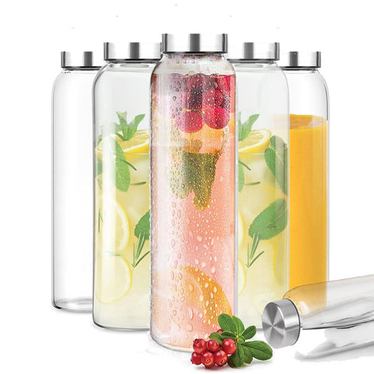 Glass Fridge Water Bottle with Steel Cap | Leak proof & detox water bottle glass | Wide mouth & Easy to Clean | Best Usage for Office/School/College | Set of 6, 800ml | Clear
