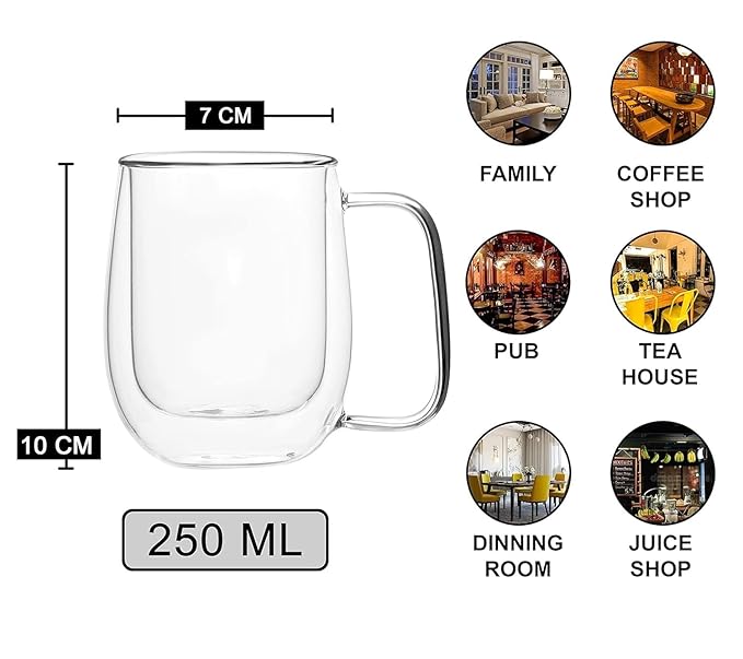 Double Wall Glass Cups, 260 Ml, Insulated Tea & Coffee Cups, Hot & Cold Drinks, Tea, Milk, Cappuccino, Juice, Microwave Safe, Stylish Espresso Chocolate Beverage, Pack of 1