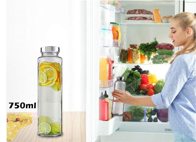 Glass Fridge Water Bottle with Steel Cap | Leak proof & detox water bottle glass | Wide mouth & Easy to Clean | Best Usage for Office/School/College | Set of 6, 800ml | Clear