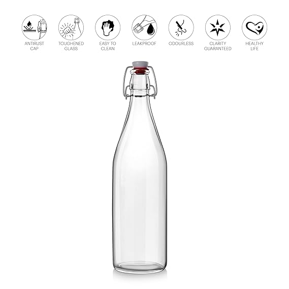 Glass Water Bottle Set of 3, 1000ml Transparent | Freezer Safe & Leakproof Flip Cap | Stylish & Unique Design | Durable & Scratch Proof | Fridge Bottle for Juice, Milk & Cold Beverages