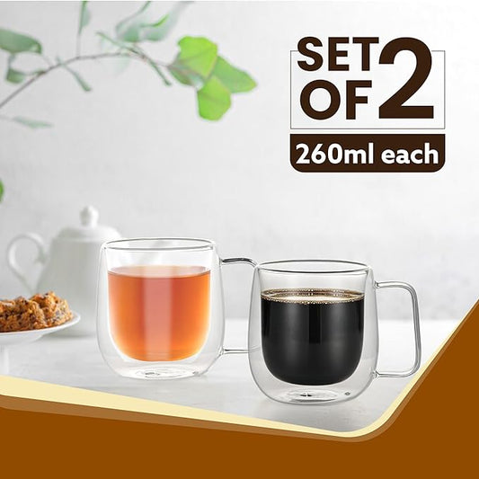 Double Wall Glass Cups, 260 Ml, Insulated Tea & Coffee Cups, Hot & Cold Drinks, Tea, Milk, Cappuccino, Juice, Microwave Safe, Stylish Espresso Chocolate Beverage, Pack of 1