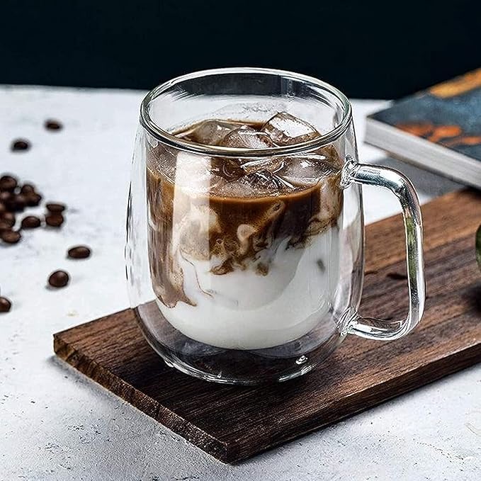 Double Wall Glass Cups, 260 Ml, Insulated Tea & Coffee Cups, Hot & Cold Drinks, Tea, Milk, Cappuccino, Juice, Microwave Safe, Stylish Espresso Chocolate Beverage, Pack of 1