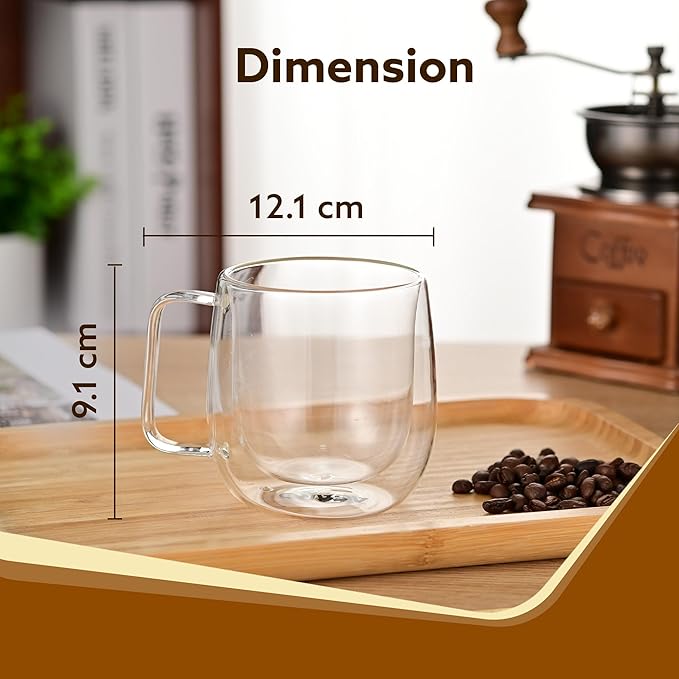 Double Wall Glass Cups, 260 Ml, Insulated Tea & Coffee Cups, Hot & Cold Drinks, Tea, Milk, Cappuccino, Juice, Microwave Safe, Stylish Espresso Chocolate Beverage, Pack of 1