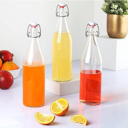 Glass Water Bottle Set of 3, 1000ml Transparent | Freezer Safe & Leakproof Flip Cap | Stylish & Unique Design | Durable & Scratch Proof | Fridge Bottle for Juice, Milk & Cold Beverages
