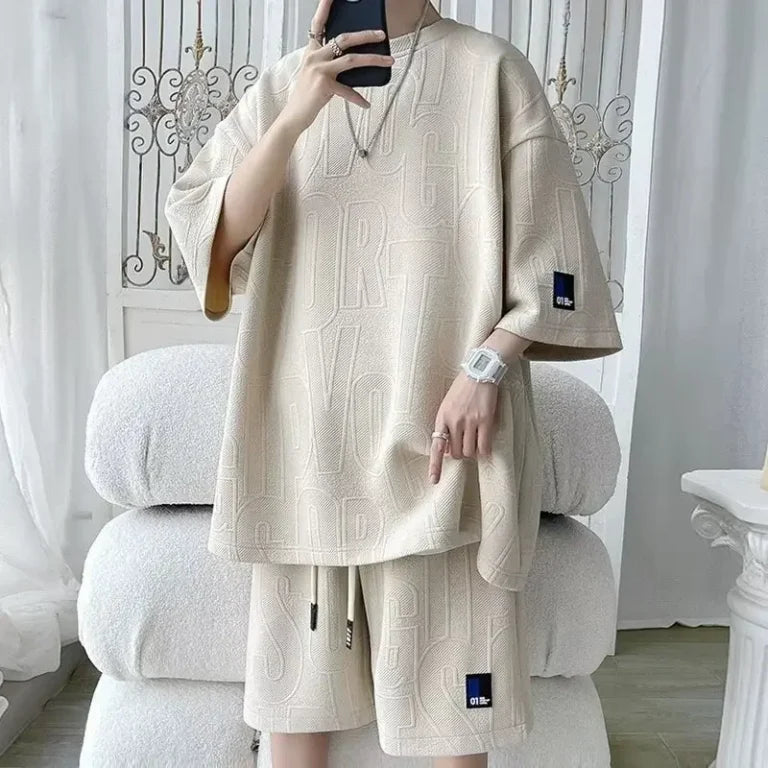 casual suit men’s summer thin loose large size letter jacquard short-sleeved T-shirt shorts