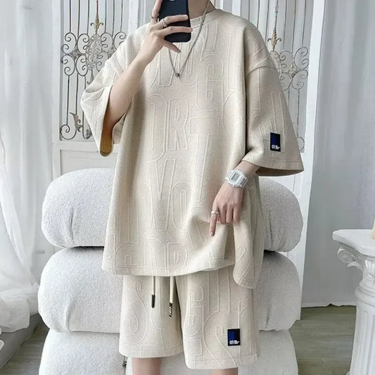 casual suit men’s summer thin loose large size letter jacquard short-sleeved T-shirt shorts