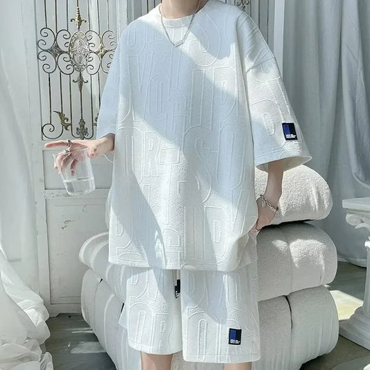 casual suit men’s summer thin loose large size letter jacquard short-sleeved T-shirt shorts